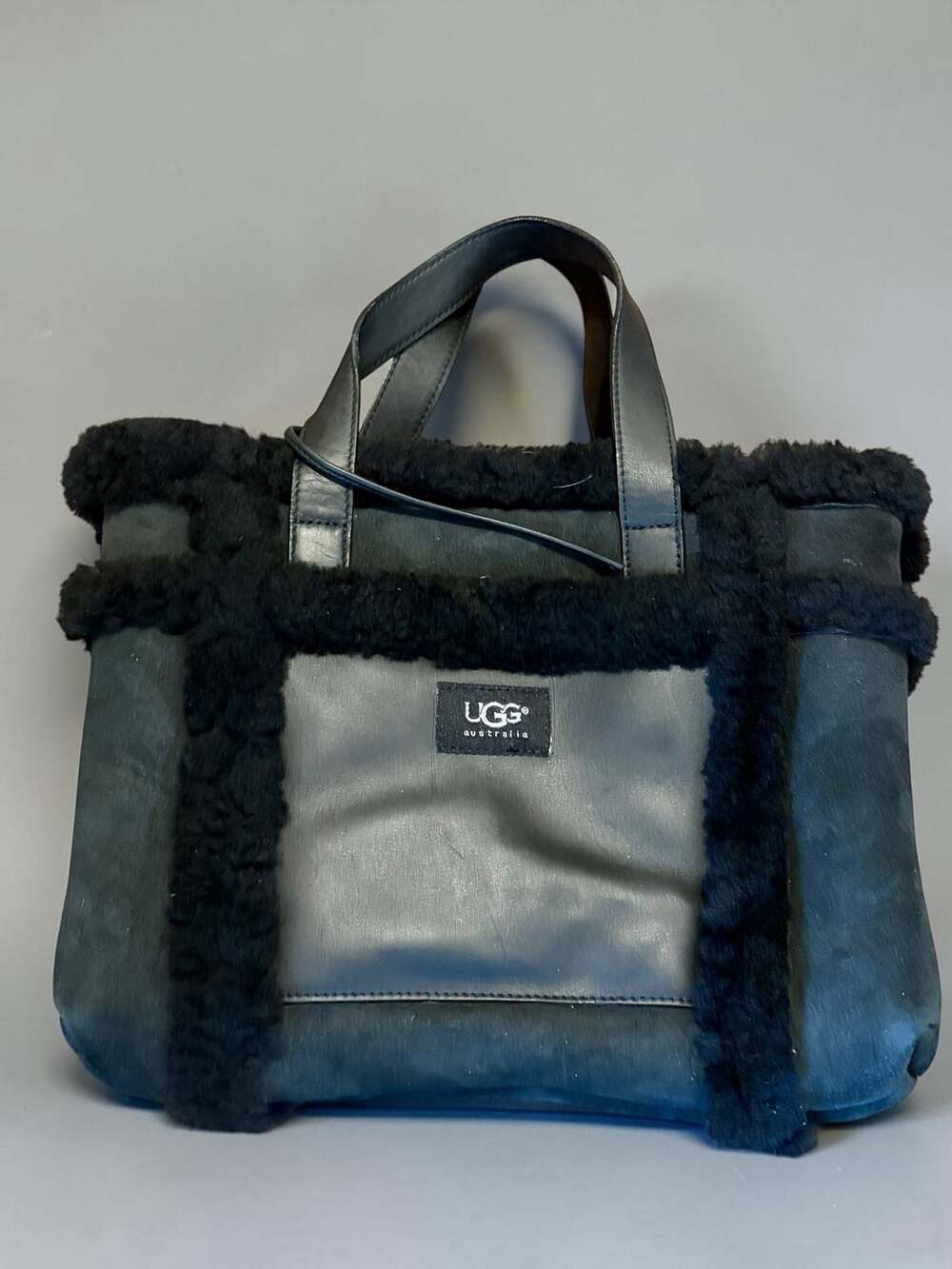 UGG Australia Black Suede and Shearling Tote Bag with Leather Trim